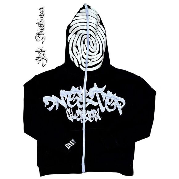 Y2K Black SZ S Irregular Pattern Gothic Punk Full Zip-Up Hoodie Jacket - Picture 1 of 15